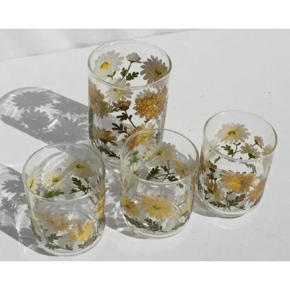 Vintage Lot of 4 MCM Retro Sunflower Tumbler Drinking Glass Set - Picture 2 of 4